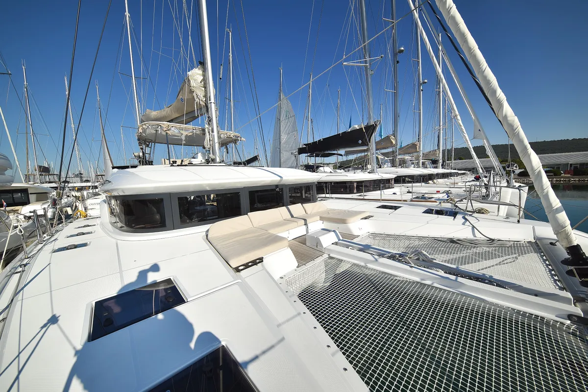 Exterior view of Lux, a Lagoon 50 catamaran at Sukošan, Croatia
