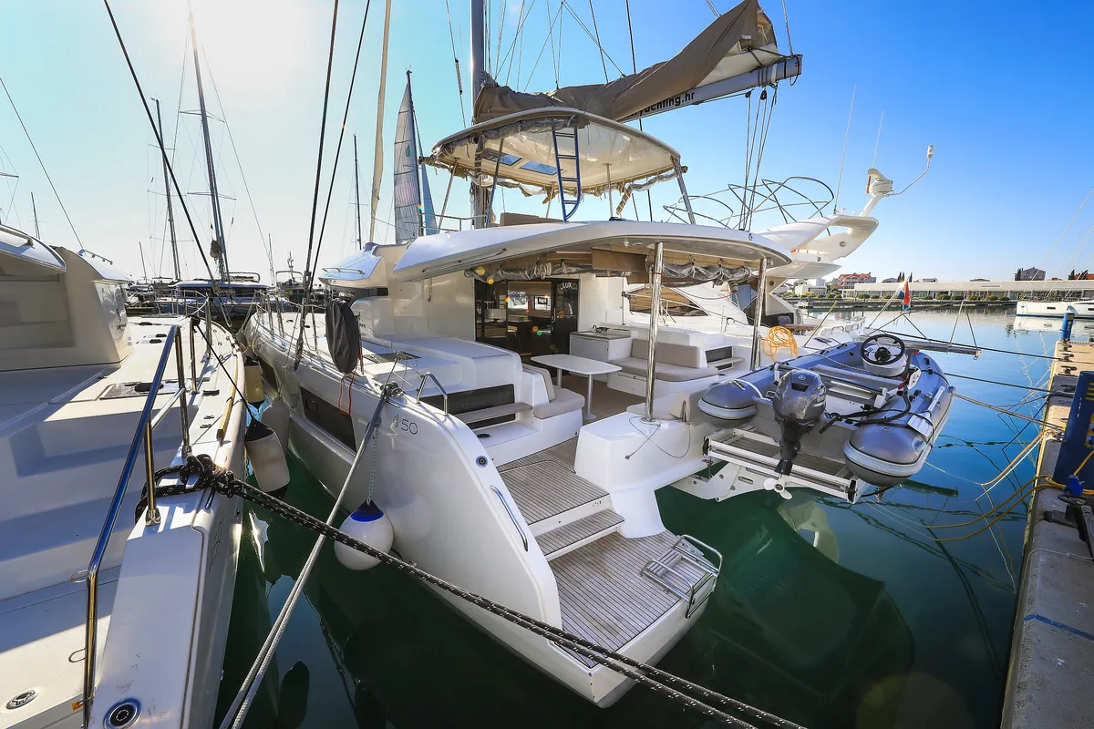 Exterior view of Lux, a Lagoon 50 catamaran at Sukošan, Croatia