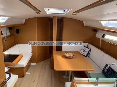 Salon of Comfort, a Jeanneau Sun Odyssey 449 sailboat at Kontokali, Greece