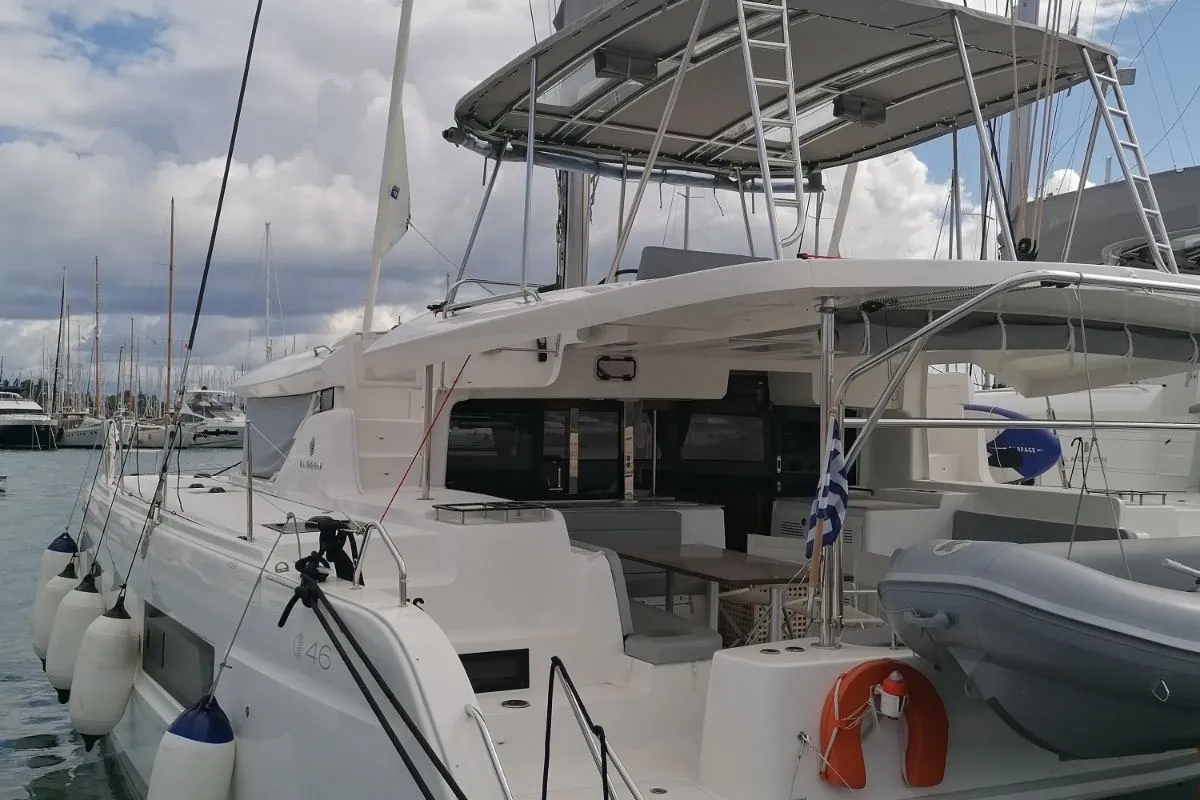 Exterior view of Achilles, a Lagoon 46 catamaran at Kontokali, Greece