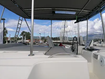 Cockpit of Achilles, a Lagoon 46 catamaran at Kontokali, Greece