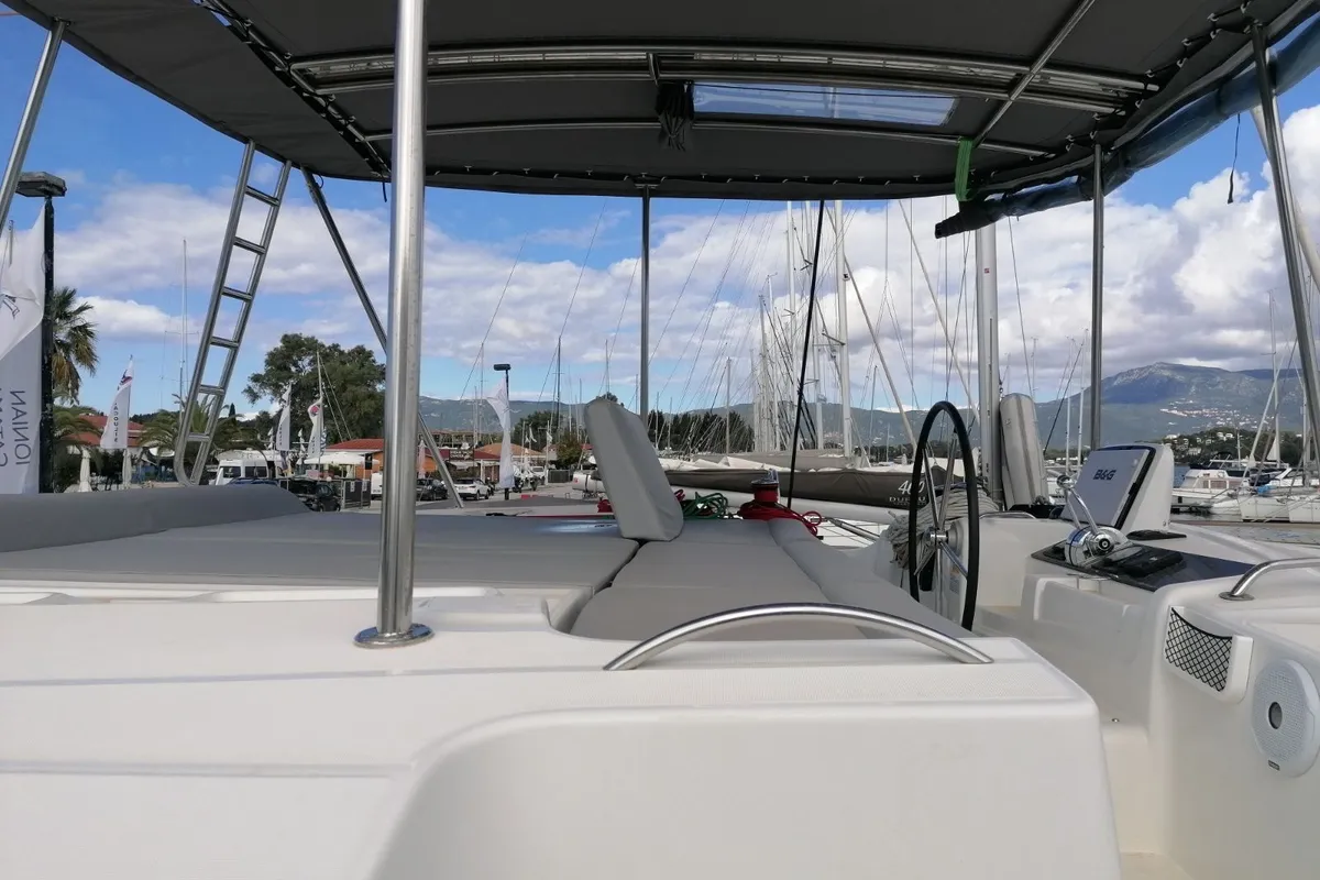 Cockpit of Achilles, a Lagoon 46 catamaran at Kontokali, Greece