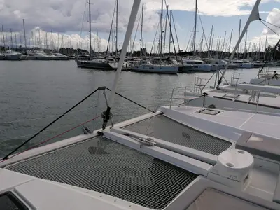 Deck of Achilles, a Lagoon 46 catamaran at Kontokali, Greece