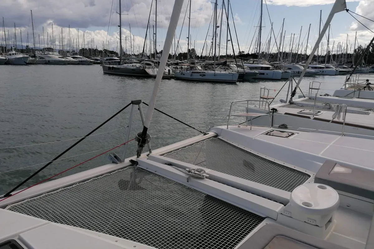 Deck of Achilles, a Lagoon 46 catamaran at Kontokali, Greece