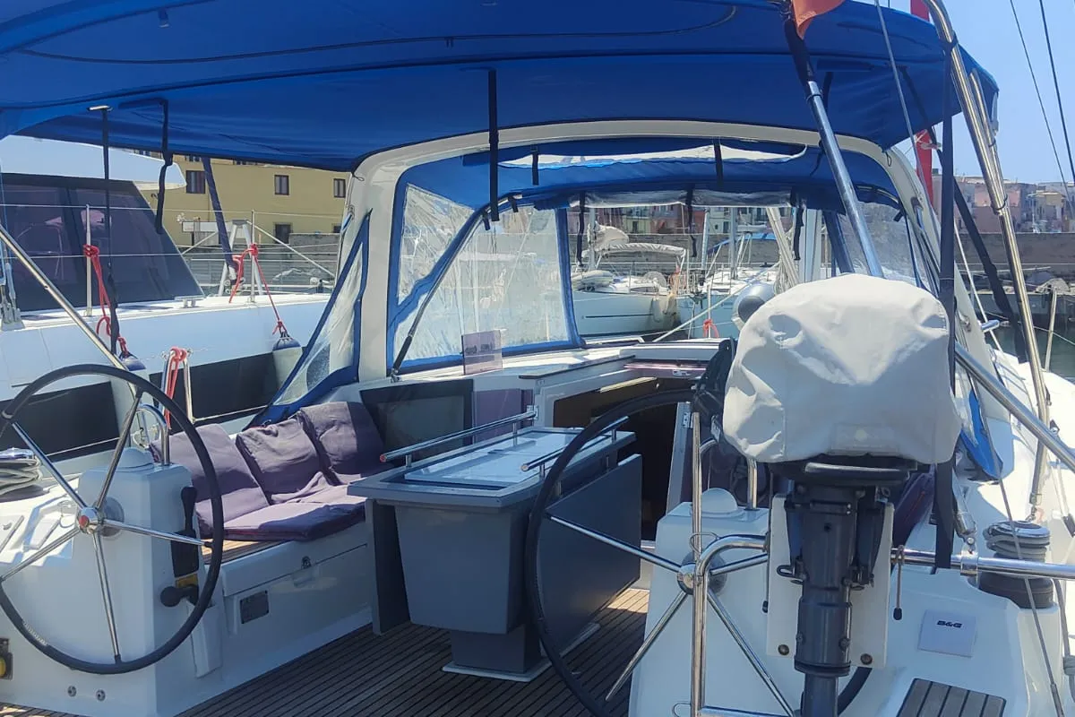 Cockpit of Paulina, a Beneteau Oceanis 41.1 sailboat at Procida, Italy