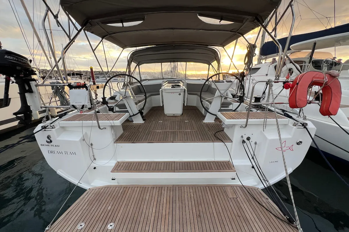 Cockpit of Dream Team, a Beneteau Oceanis 46.1 sailboat at Ibiza, Spain