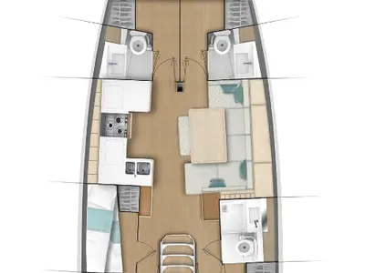 Floor plan of Futura, a Jeanneau Sun Odyssey 490 sailboat at Procida, Italy