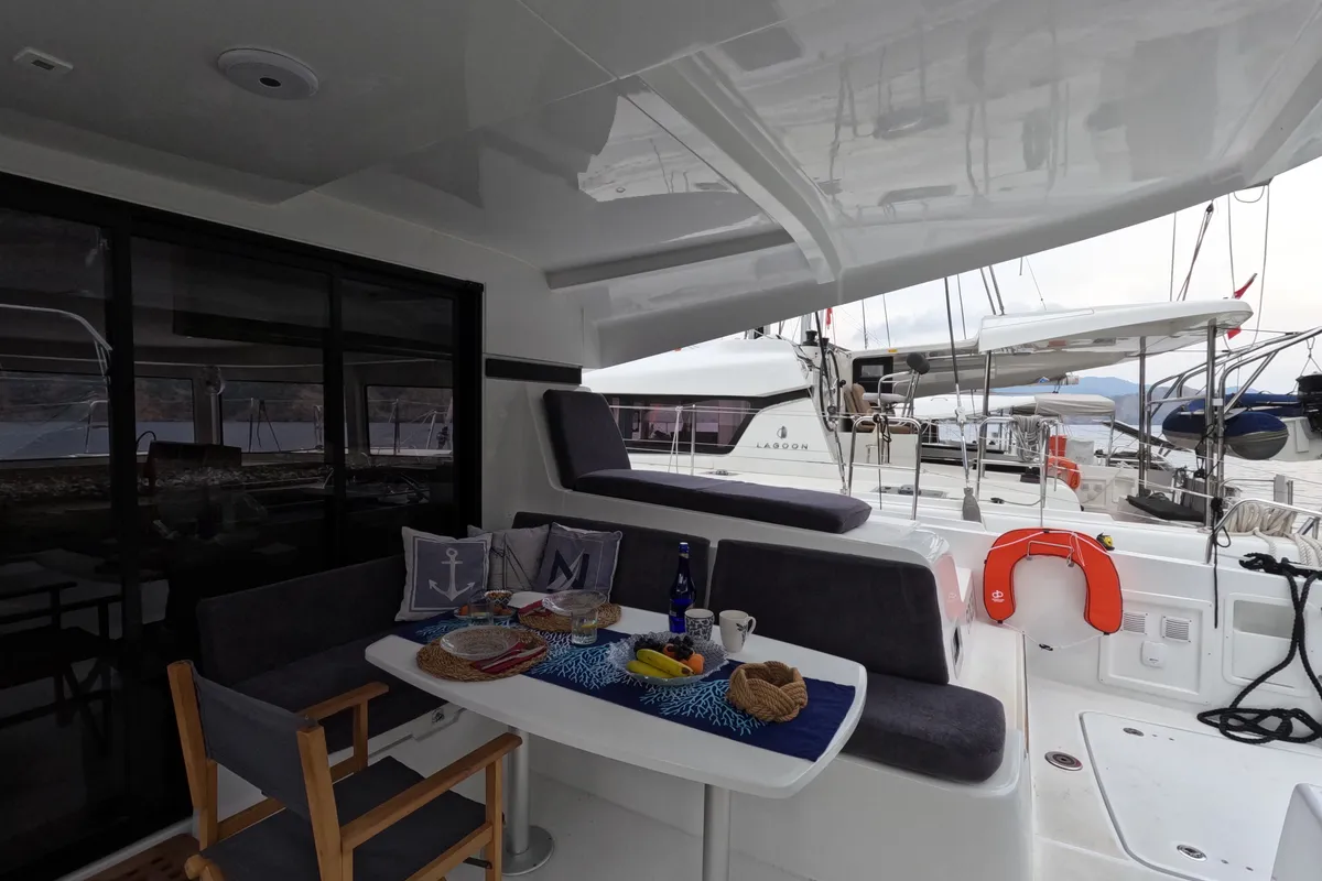 Deck of Rena, a Lagoon 42 catamaran at Marmaris, Turkey