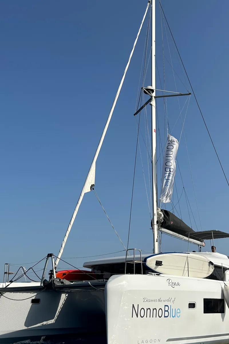 Exterior view of Rena, a Lagoon 42 catamaran at Marmaris, Turkey