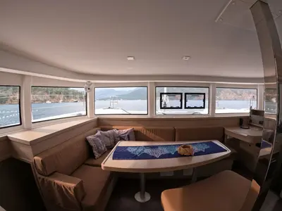Salon of Rena, a Lagoon 42 catamaran at Marmaris, Turkey