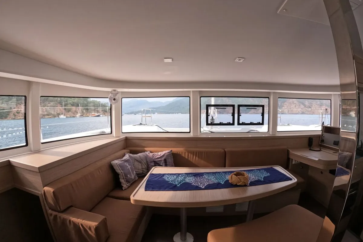 Salon of Rena, a Lagoon 42 catamaran at Marmaris, Turkey