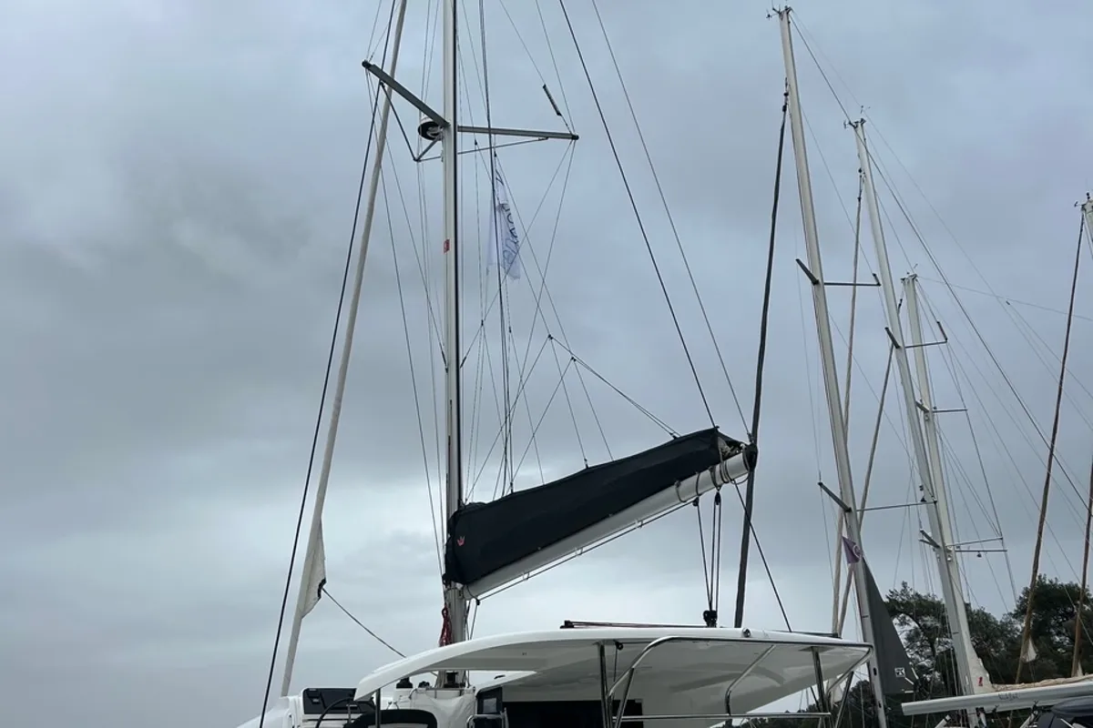 Exterior view of Rena, a Lagoon 42 catamaran at Marmaris, Turkey