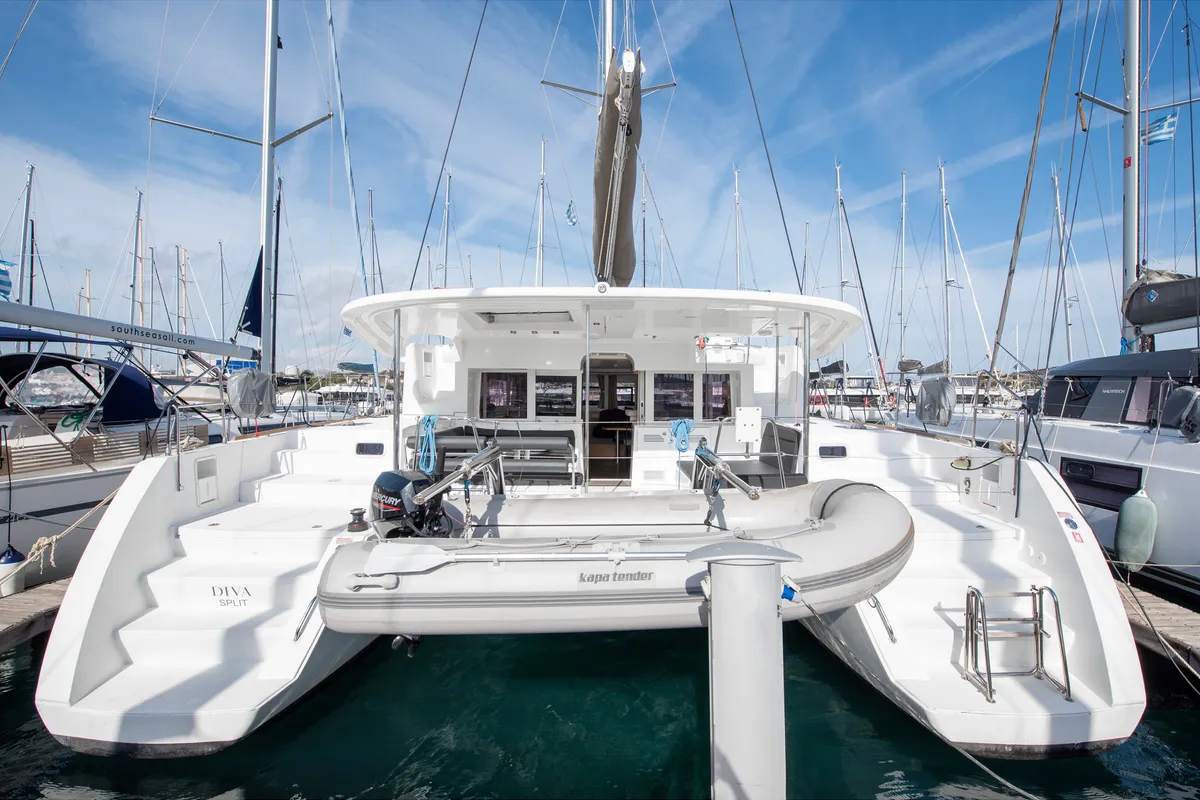 Exterior view of Diva, a Lagoon 450 Fly catamaran at Lavrion, Greece
