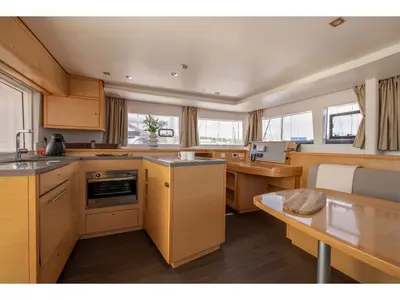 Galley of Diva, a Lagoon 450 Fly catamaran at Lavrion, Greece