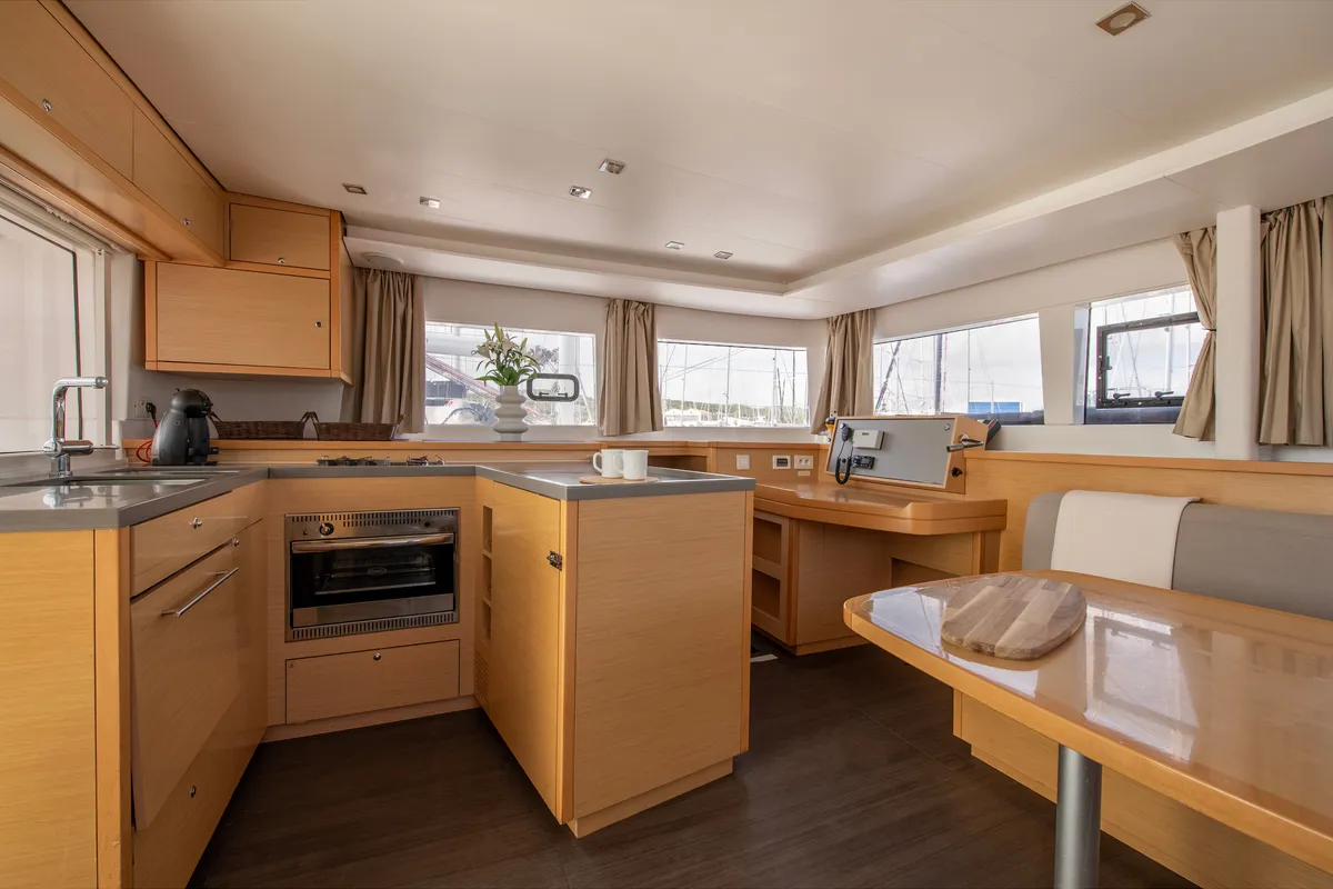 Galley of Diva, a Lagoon 450 Fly catamaran at Lavrion, Greece