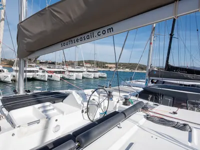 Cockpit of Diva, a Lagoon 450 Fly catamaran at Lavrion, Greece