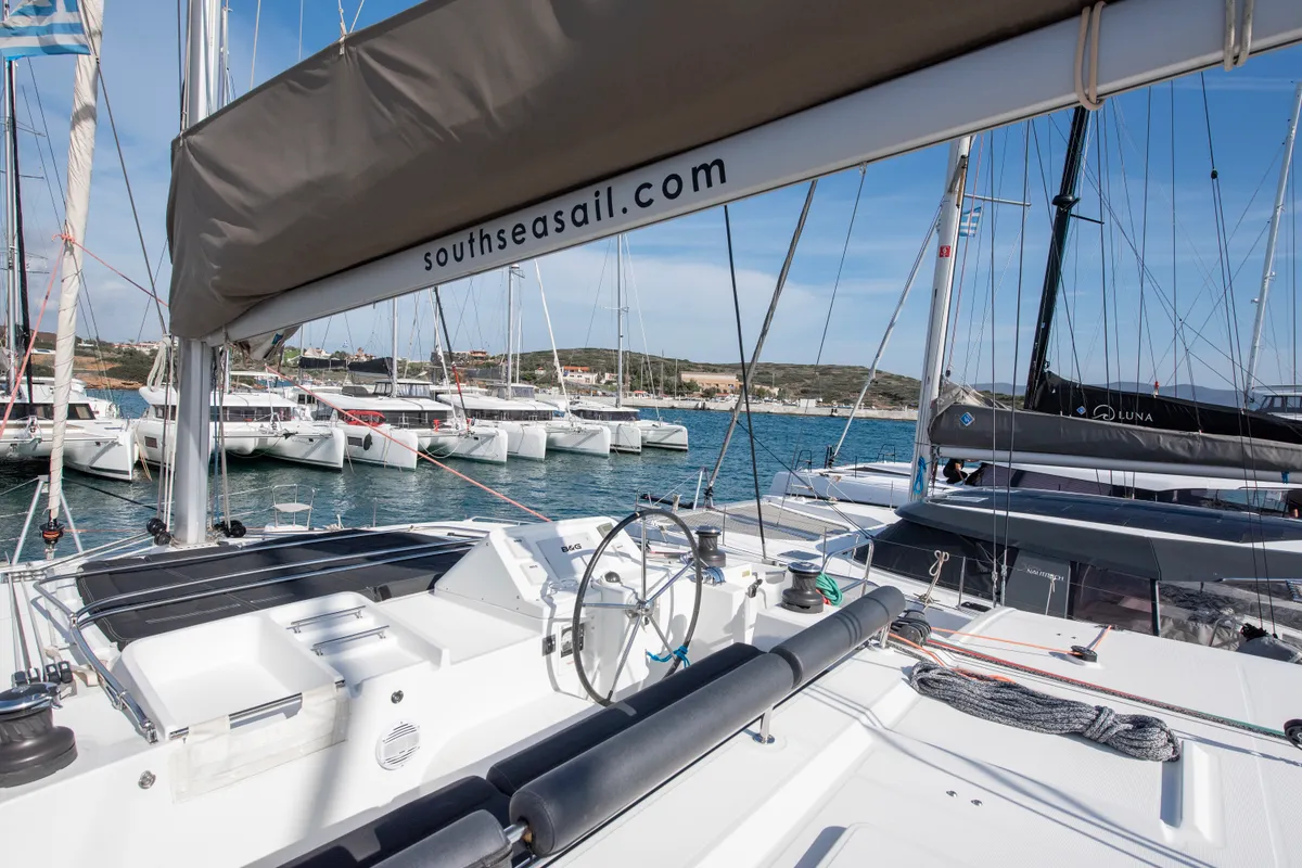Cockpit of Diva, a Lagoon 450 Fly catamaran at Lavrion, Greece