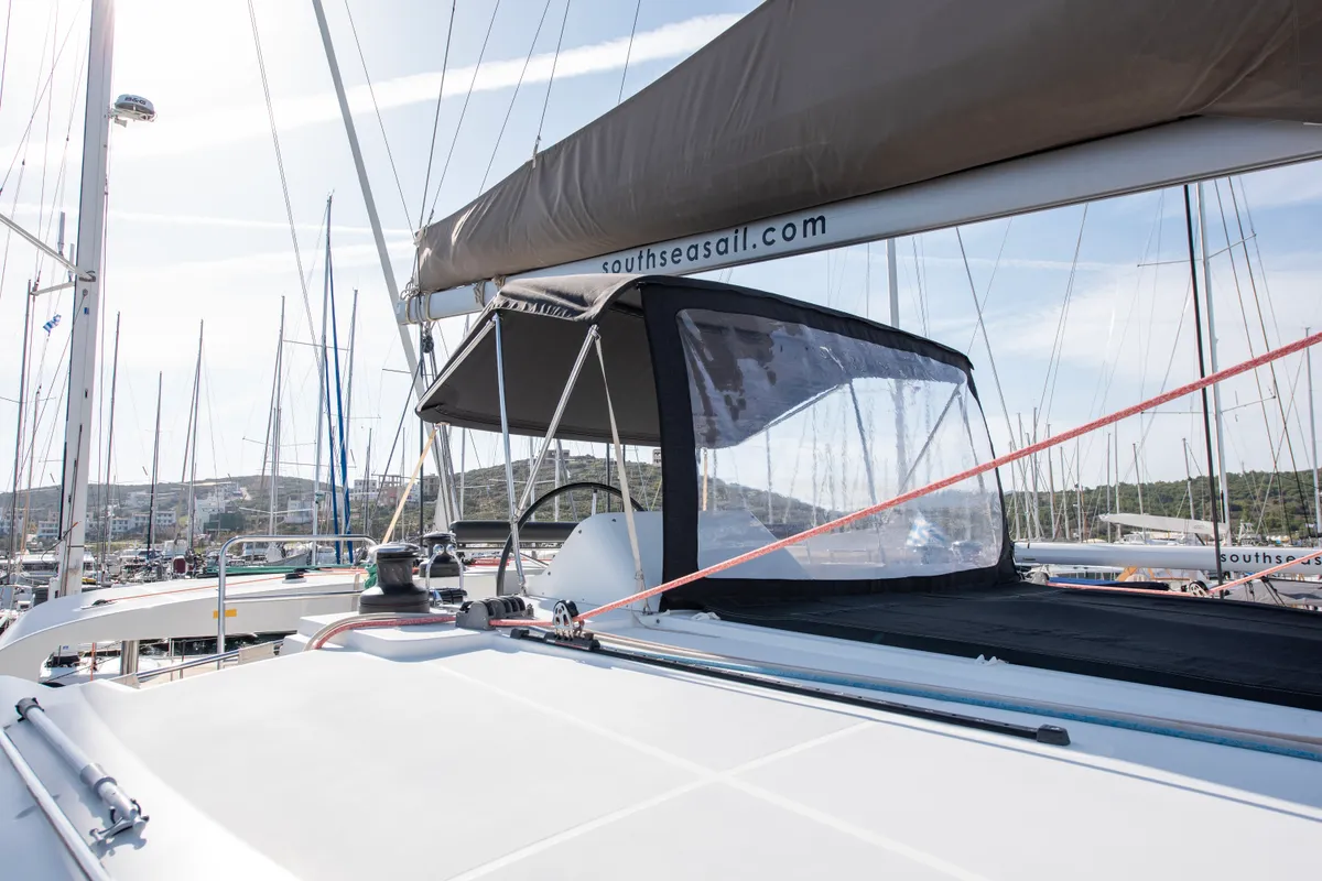 Cockpit of Diva, a Lagoon 450 Fly catamaran at Lavrion, Greece