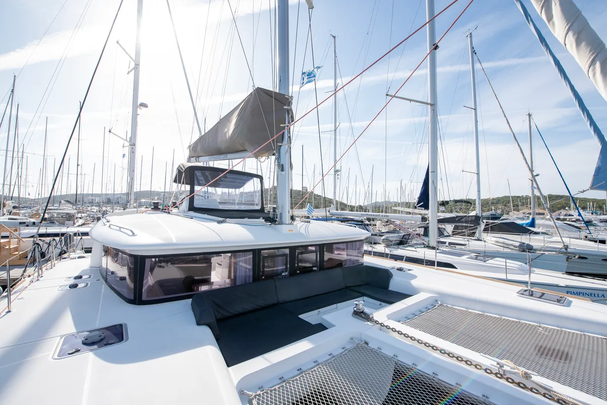 Deck of Diva, a Lagoon 450 Fly catamaran at Lavrion, Greece