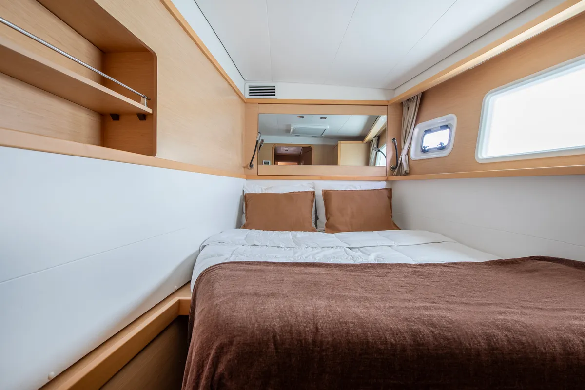 Cabin on Diva, a Lagoon 450 Fly catamaran at Lavrion, Greece