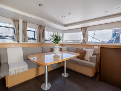 Salon of Diva, a Lagoon 450 Fly catamaran at Lavrion, Greece