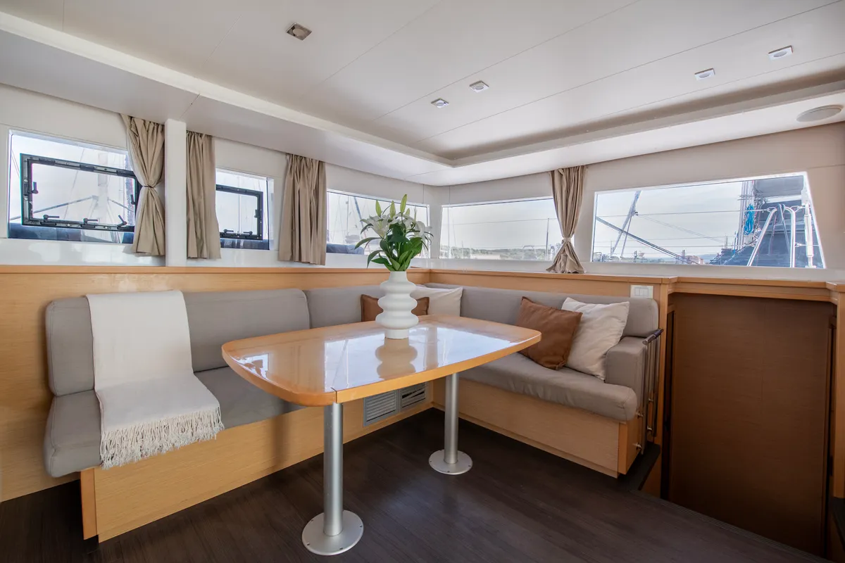 Salon of Diva, a Lagoon 450 Fly catamaran at Lavrion, Greece
