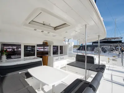 Deck of Diva, a Lagoon 450 Fly catamaran at Lavrion, Greece