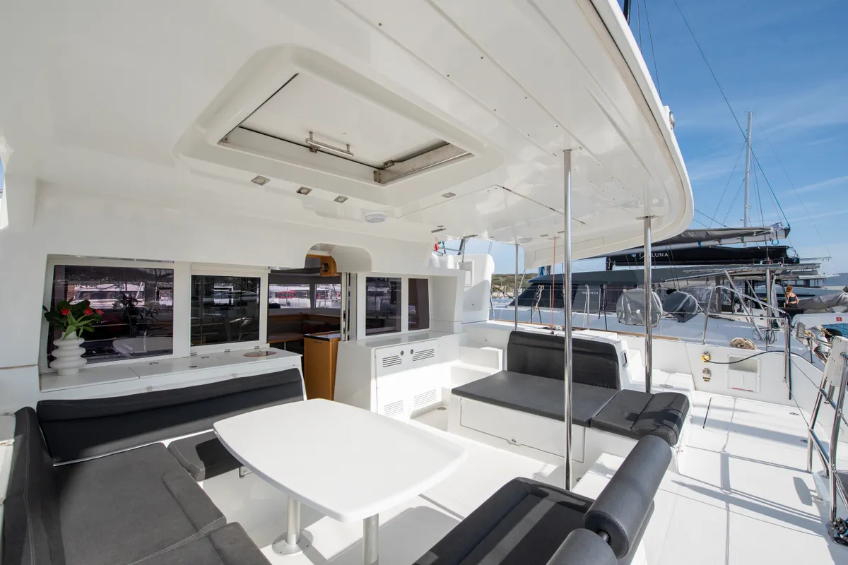 Deck of Diva, a Lagoon 450 Fly catamaran at Lavrion, Greece