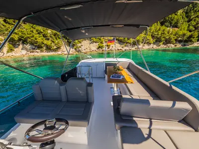 Cockpit of Grace II, a Sealine F430 motor yacht at Grad Kaštela, Croatia