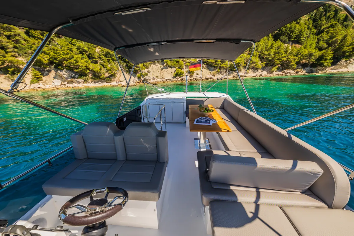 Cockpit of Grace II, a Sealine F430 motor yacht at Grad Kaštela, Croatia