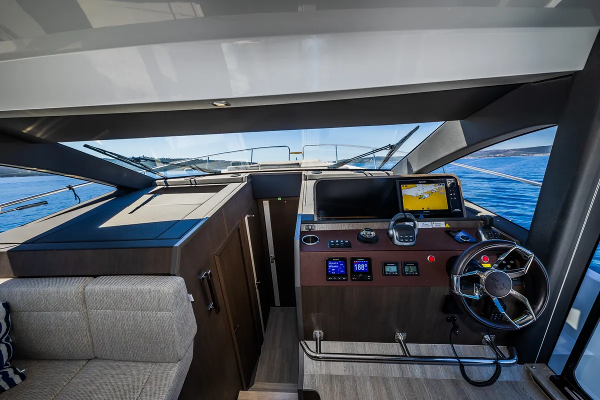Cockpit of Grace II, a Sealine F430 motor yacht at Grad Kaštela, Croatia