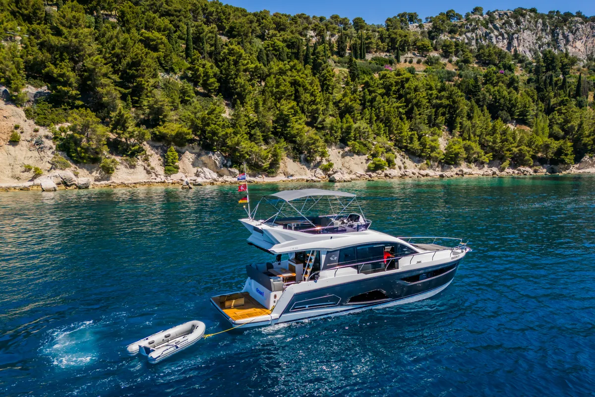 Exterior view of Grace II, a Sealine F430 motor yacht at Grad Kaštela, Croatia
