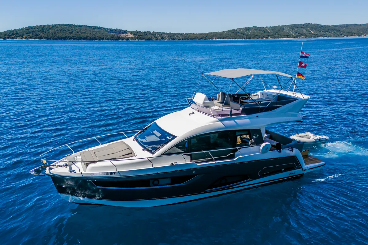 Exterior view of Grace II, a Sealine F430 motor yacht at Grad Kaštela, Croatia