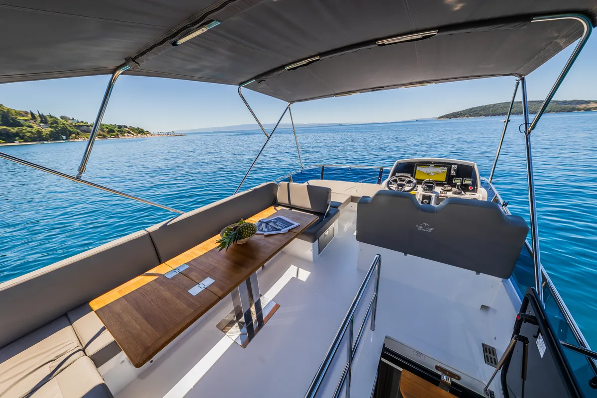 Deck of Grace II, a Sealine F430 motor yacht at Grad Kaštela, Croatia