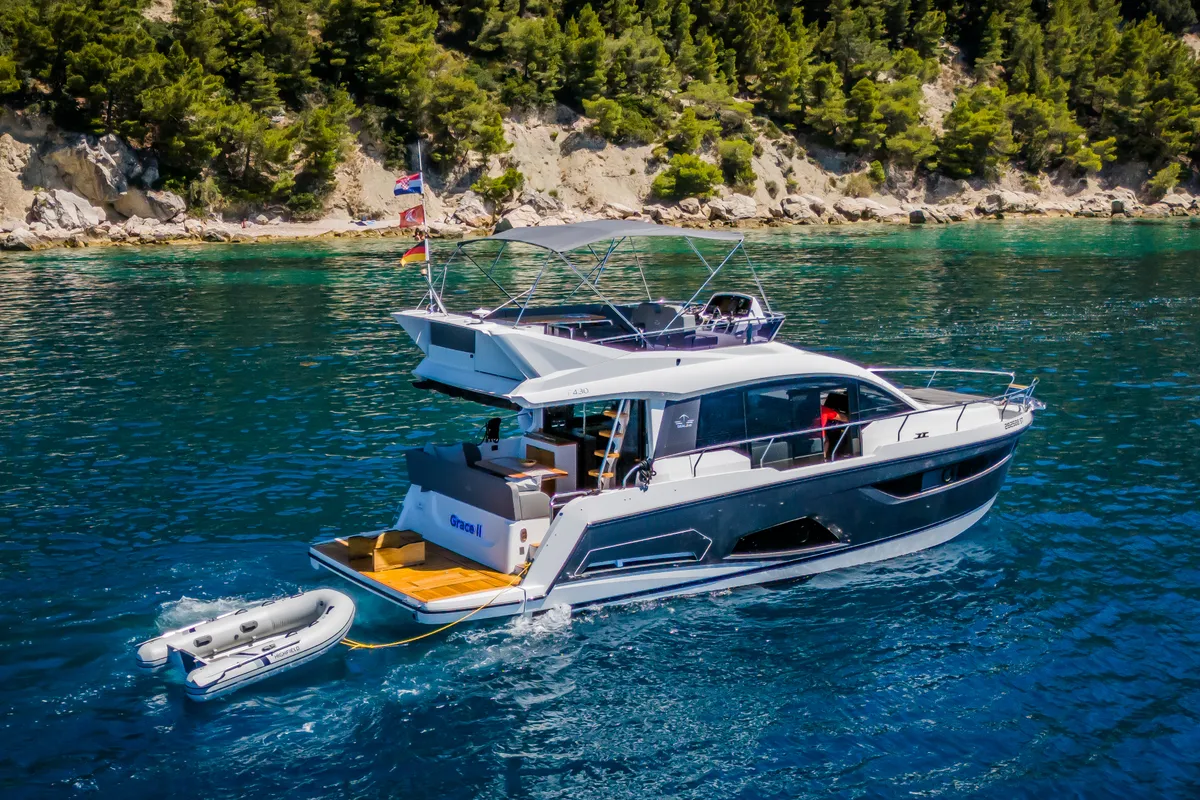 Exterior view of Grace II, a Sealine F430 motor yacht at Grad Kaštela, Croatia