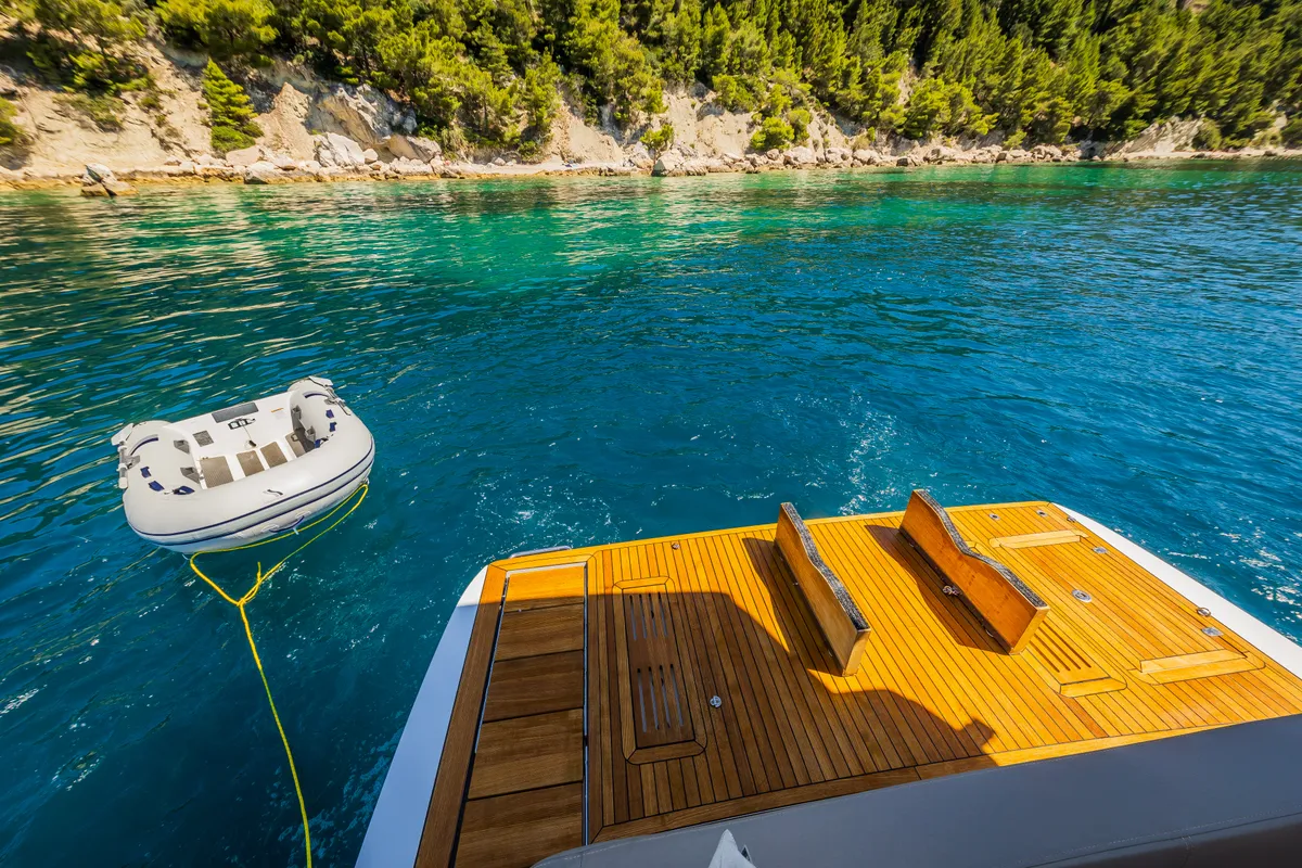 Deck of Grace II, a Sealine F430 motor yacht at Grad Kaštela, Croatia