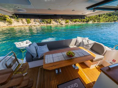 Deck of Grace II, a Sealine F430 motor yacht at Grad Kaštela, Croatia