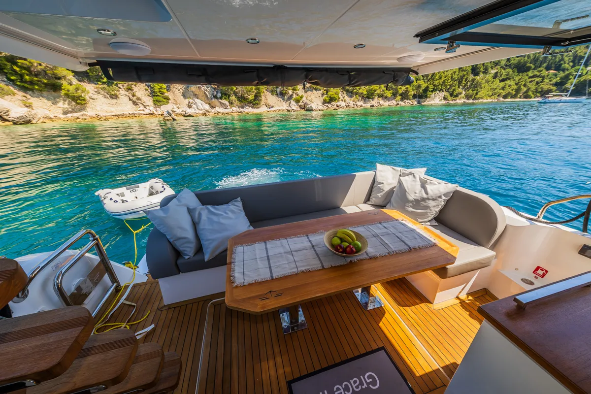 Deck of Grace II, a Sealine F430 motor yacht at Grad Kaštela, Croatia