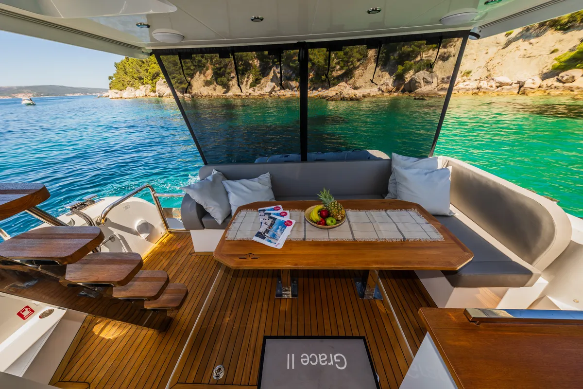 Deck of Grace II, a Sealine F430 motor yacht at Grad Kaštela, Croatia