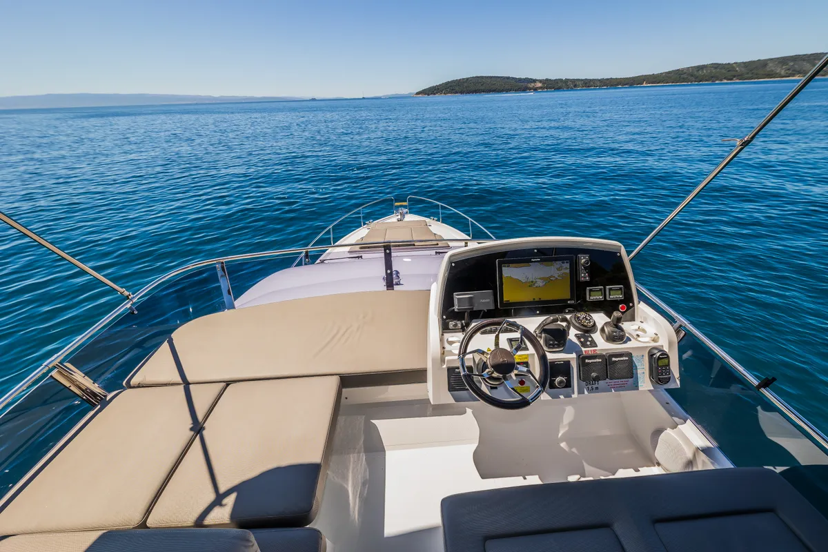 Cockpit of Grace II, a Sealine F430 motor yacht at Grad Kaštela, Croatia
