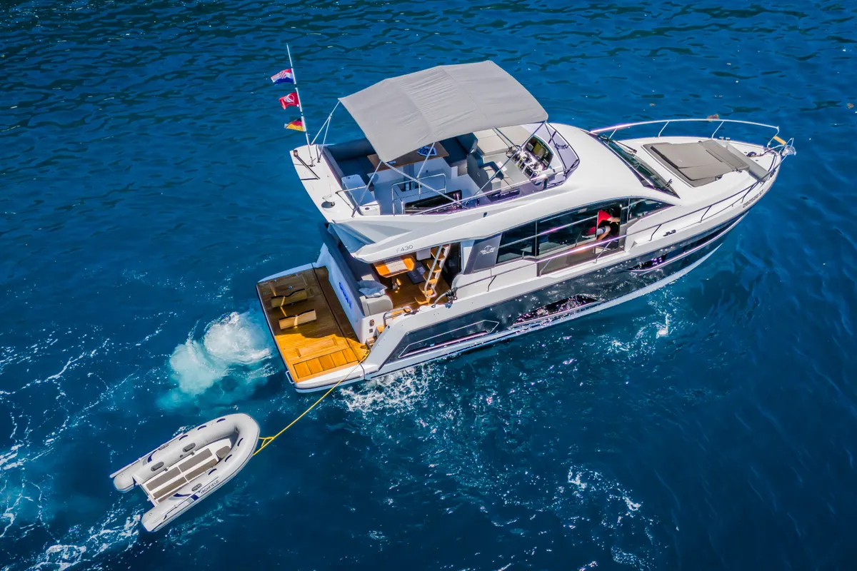 Exterior view of Grace II, a Sealine F430 motor yacht at Grad Kaštela, Croatia