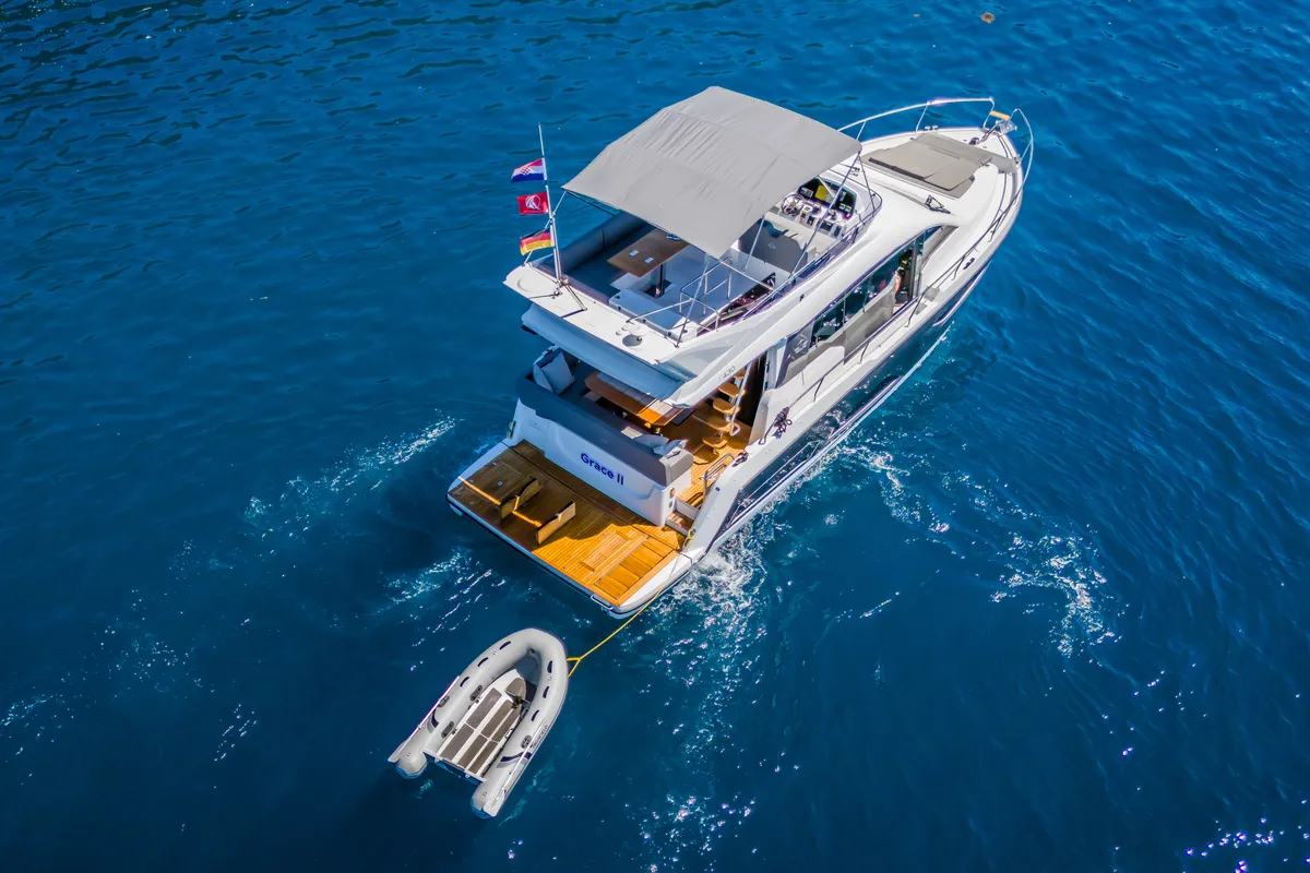 Exterior view of Grace II, a Sealine F430 motor yacht at Grad Kaštela, Croatia