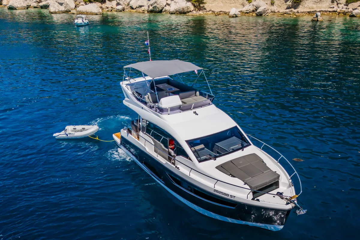 Exterior view of Grace II, a Sealine F430 motor yacht at Grad Kaštela, Croatia