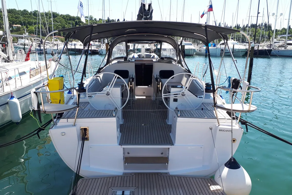 Cockpit of Briganti, a Elan Impression 45.1 sailboat at Izola, Slovenia