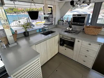 Galley of Leopard 45, a catamaran at Paralio Astros, Greece