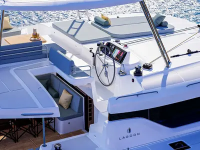 Cockpit of Manaia, a Lagoon 47 catamaran at Seget Donji, Croatia