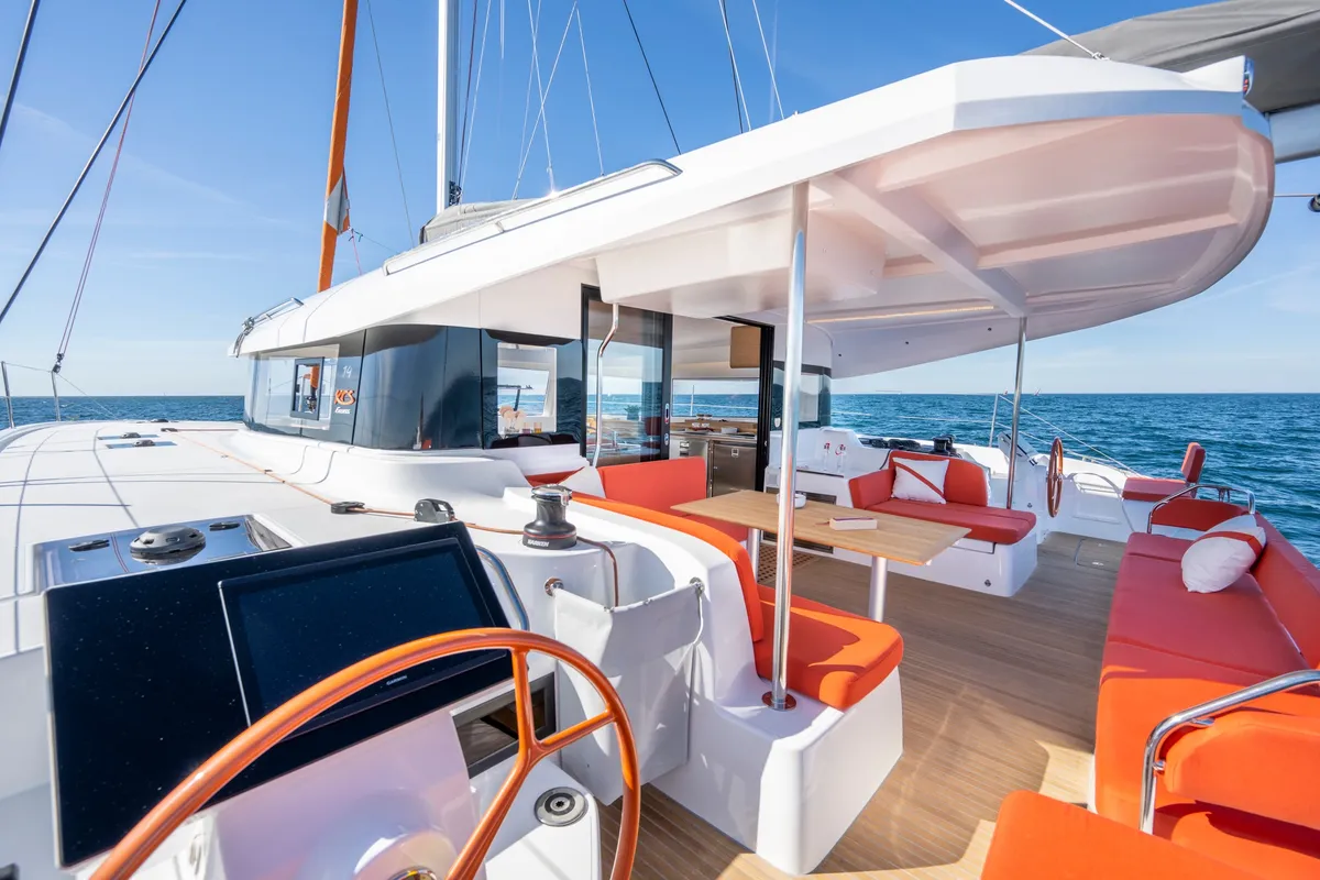 Cockpit of TWISTER, a Excess 14 catamaran at Municipal Unit of Lefkada, Greece