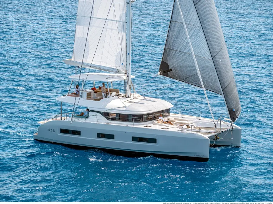 Exterior view of SAILUXE - Magnifico, a Lagoon 55 catamaran at Olbia, Italy