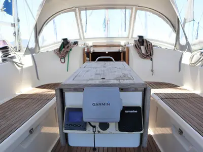 Cockpit of FORTUNA REDUX, a Bavaria Cruiser 40 sailboat at Nea Peramos, Greece