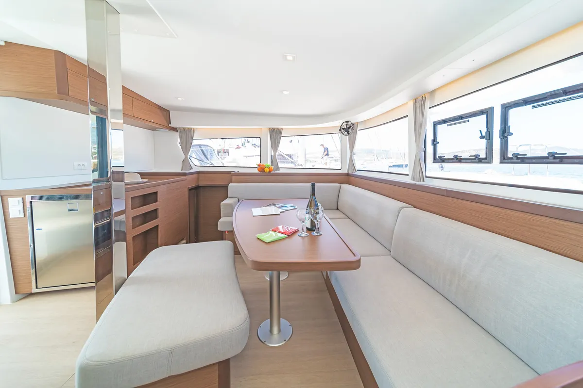 Salon of Aurora, a Lagoon 42 catamaran at Preveza, Greece